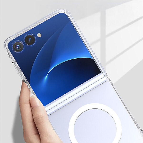 Başkenttekno Samsung Galaxy Z Flip 7 Kılıf Kamera Korumalı Kablosuz Şarj Özellikli Sararmaz Sert PC Porto Kapak Şeffaf