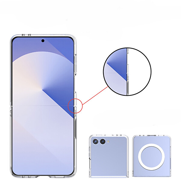 Başkenttekno Samsung Galaxy Z Flip 7 Kılıf Kamera Korumalı Kablosuz Şarj Özellikli Sararmaz Sert PC Porto Kapak Şeffaf