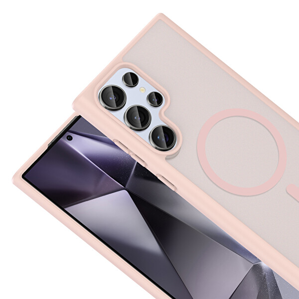 Baymak Samsung Galaxy S22 Ultra Kılıf Mat Magsafe Şarj Hassas Butonlu Renkli Yumuşak Kenarlı Premium Babet Kapak Pembe