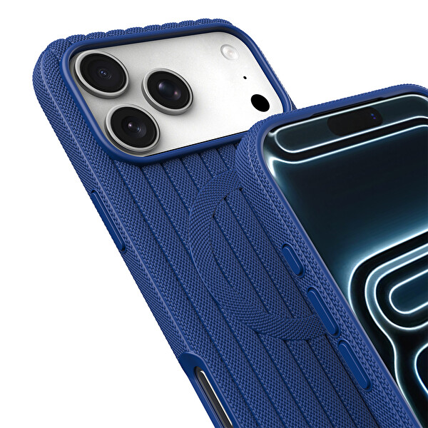 Başkenttekno iPhone 17 Pro Kılıf MagSafe Şarj Özellikli Çizgi Desenli Kumaş Dokulu Lorin Kapak Lacivert