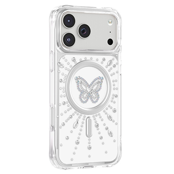 Başkenttekno iPhone 17 Pro Max Premium Kristal Taş İşlemeli MagSafe Özellikli Darbe Emici Mova Telefon Kılıfı