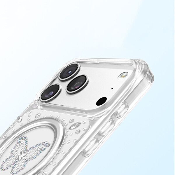 Başkenttekno iPhone 17 Pro Max Premium Kristal Taş İşlemeli MagSafe Özellikli Darbe Emici Mova Telefon Kılıfı