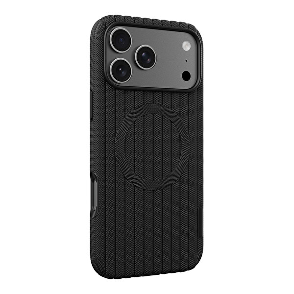 Başkenttekno iPhone 18 Pro Max Kılıf MagSafe Şarj Özellikli Çizgi Desenli Kumaş Dokulu Lorin Kapak Siyah