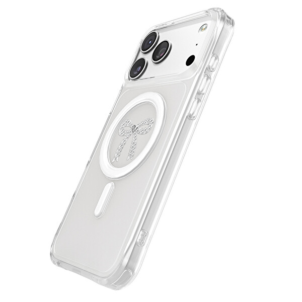 Başkenttekno iPhone 17 Pro Premium Kristal Taş İşlemeli MagSafe Özellikli Darbe Emici Mova Telefon Kılıfı Şeffaf