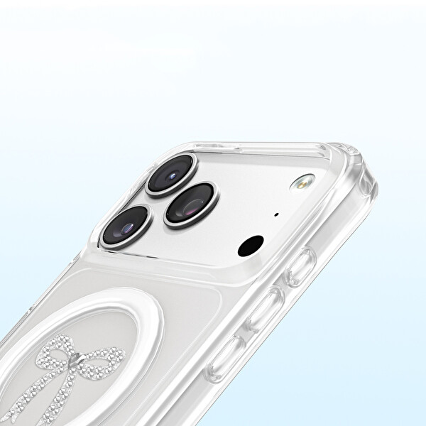 Başkenttekno iPhone 17 Pro Premium Kristal Taş İşlemeli MagSafe Özellikli Darbe Emici Mova Telefon Kılıfı Şeffaf