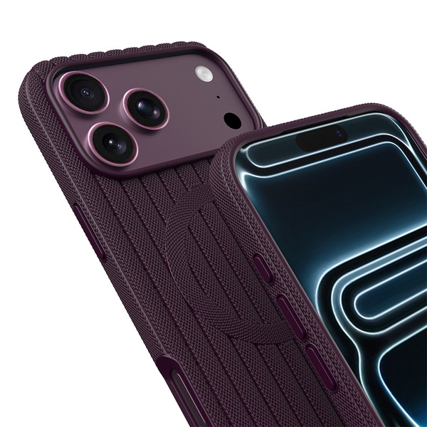 Başkenttekno iPhone 18 Pro Max Kılıf MagSafe Şarj Özellikli Çizgi Desenli Kumaş Dokulu Lorin Kapak Bordo