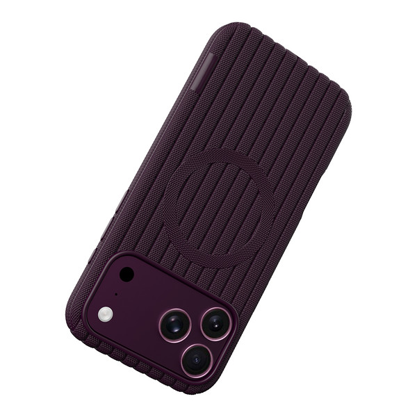 Başkenttekno iPhone 18 Pro Max Kılıf MagSafe Şarj Özellikli Çizgi Desenli Kumaş Dokulu Lorin Kapak Bordo