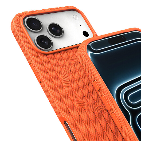 Başkenttekno iPhone 18 Pro Max Kılıf MagSafe Şarj Özellikli Çizgi Desenli Kumaş Dokulu Lorin Kapak Turuncu