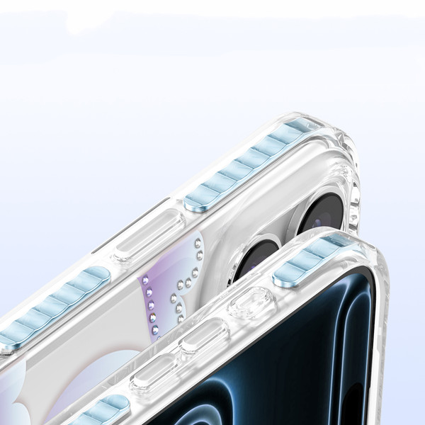 Başkenttekno iPhone 17 Pro Max MagSafe Destekli Parlak Taşlı Tasarımlı Kamera Korumalı Elvo Kılıf Mavi