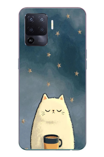 Le Balvo Oppo Reno 5 Lite Uyumlu Kahveci Beyaz Kedir Baskılı Silikon Kılıf