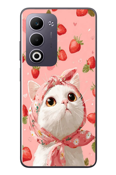 Le Balvo Oppo A5 4G Uyumlu Örtülü Kedi Çilekli Baskılı Silikon Kılıf