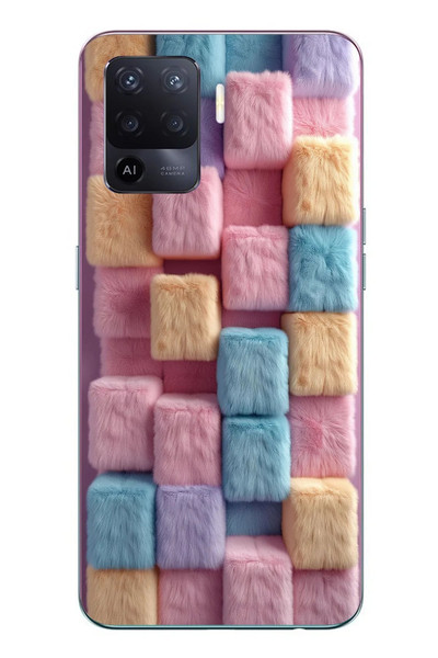 Le Balvo Oppo Reno 5 Lite Uyumlu Pembe Tüylü Kareler Baskılı Silikon Kılıf