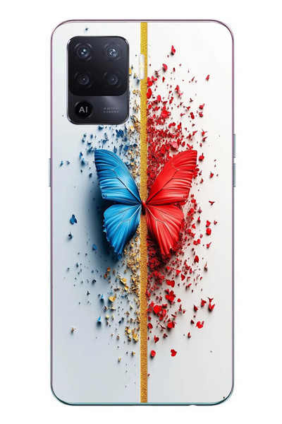 Le Balvo Oppo Reno 5 Lite Uyumlu Kırmızı Mavi Kelebek Baskılı Silikon Kılıf