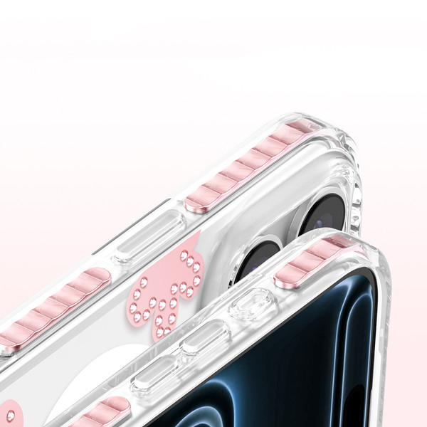 Başkenttekno iPhone 18 Pro MagSafe Destekli Parlak Taşlı Tasarımlı Kamera Korumalı Elvo Kılıf Pembe