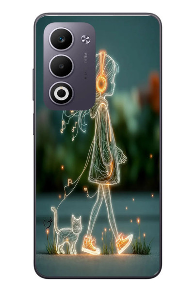 Le Balvo Oppo A5 4G Uyumlu Kedili Neon Kız Baskılı Silikon Kılıf