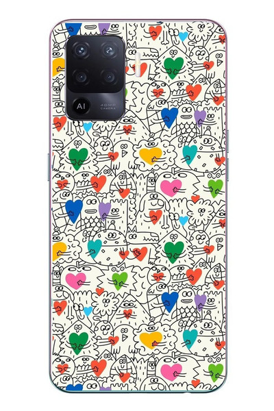 Le Balvo Oppo Reno 5 Lite Uyumlu Kalp Çizgileri Karışık Baskılı Silikon Kılıf