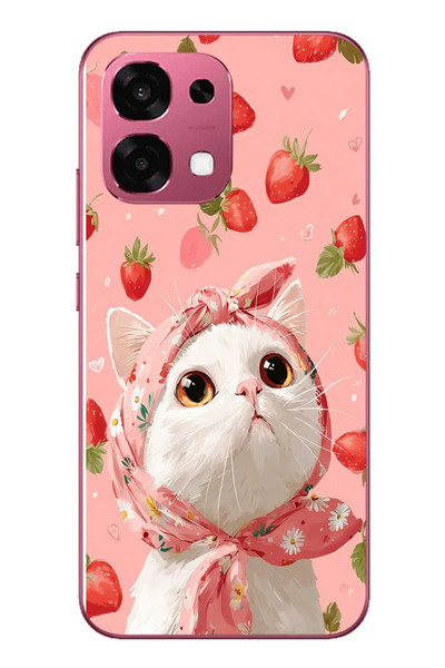 Le Balvo Oppo A6 PRO Uyumlu Örtülü Kedi Çilekli Baskılı Silikon Kılıf