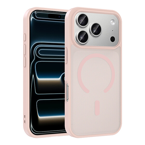 Başkenttekno iPhone 17 Pro Kılıf Mat Magsafe Şarj Hassas Butonlu Renkli Yumuşak Kenarlı Premium Babet Kapak Pembe
