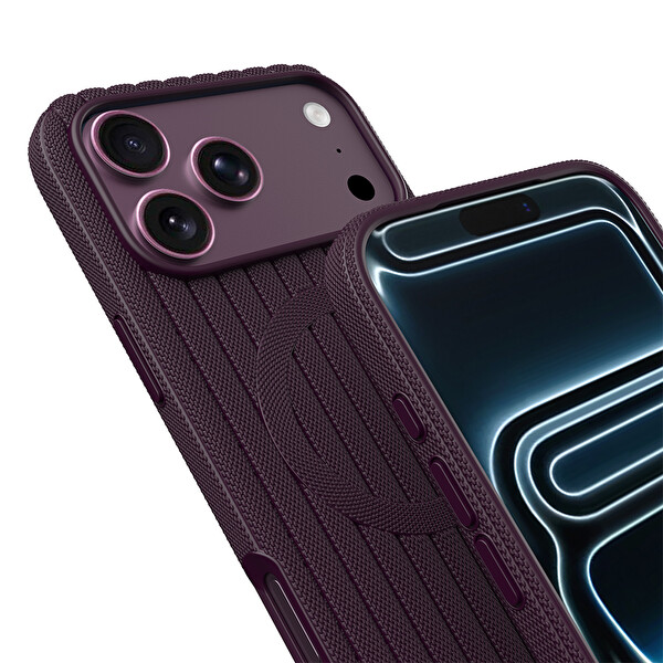 Başkenttekno iPhone 18 Pro Kılıf MagSafe Şarj Özellikli Çizgi Desenli Kumaş Dokulu Lorin Kapak Bordo