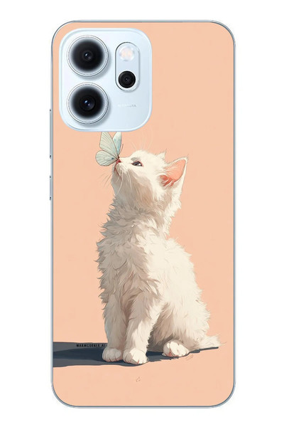 Le Balvo Oppo Reno 14F Uyumlu Beyaz Kelebekli Kedi Baskılı Silikon Kılıf
