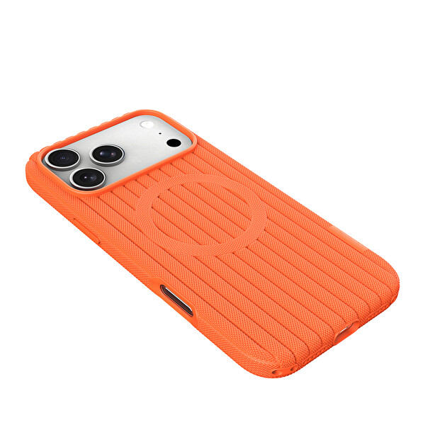 Başkenttekno iPhone 17 Pro Max Kılıf MagSafe Şarj Özellikli Çizgi Desenli Kumaş Dokulu Lorin Kapak Turuncu