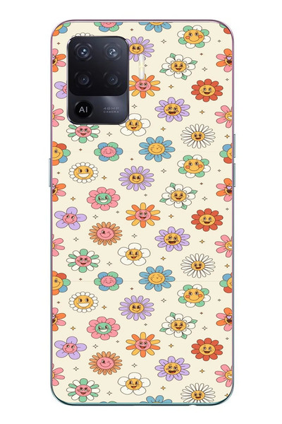 Le Balvo Oppo Reno 5 Lite Uyumlu Gülen Çiçekler Baskılı Silikon Kılıf