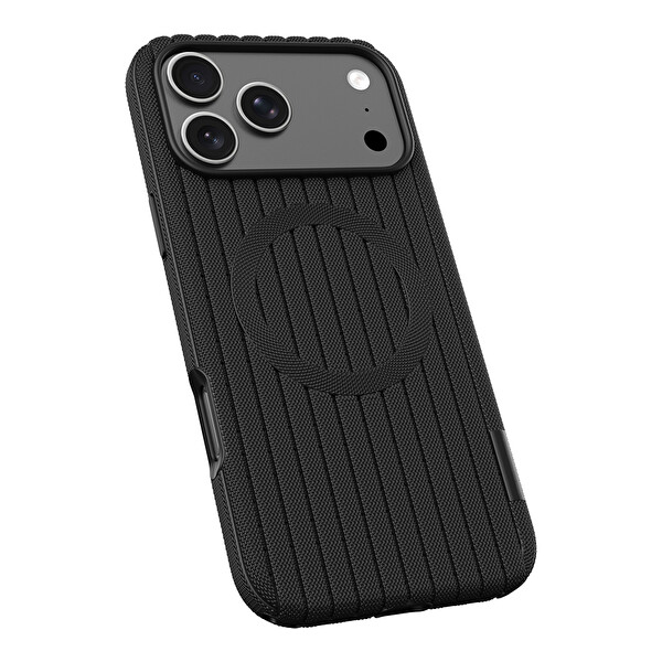 Başkenttekno iPhone 17 Pro Max Kılıf MagSafe Şarj Özellikli Çizgi Desenli Kumaş Dokulu Lorin Kapak Siyah