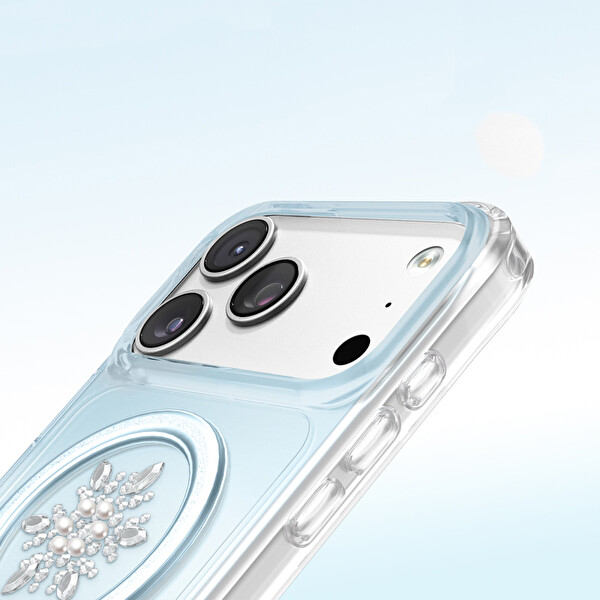 Başkenttekno iPhone 17 Pro Max Premium Kristal Taş İşlemeli MagSafe Özellikli Darbe Emici Mova Telefon Kılıfı Mavi