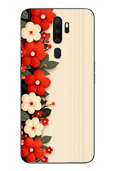 Le Balvo Oppo A5 2020 Uyumlu Kırmızı Beyaz Çiçekler Baskılı Silikon Kılıf