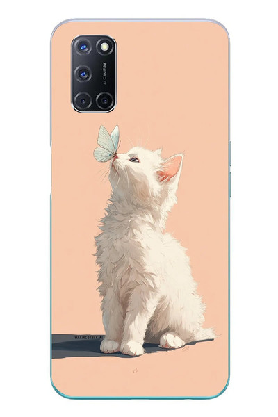 Le Balvo Oppo A52 Uyumlu Beyaz Kelebekli Kedi Baskılı Silikon Kılıf
