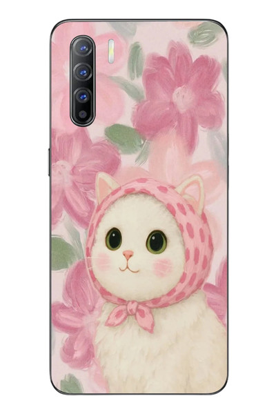 Le Balvo Oppo Reno 3 Uyumlu Pembe Örtülü Kedi Baskılı Silikon Kılıf