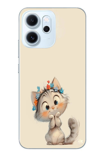 Le Balvo Oppo Reno 14F Uyumlu Sevimli Çiçekli Kedi Baskılı Silikon Kılıf