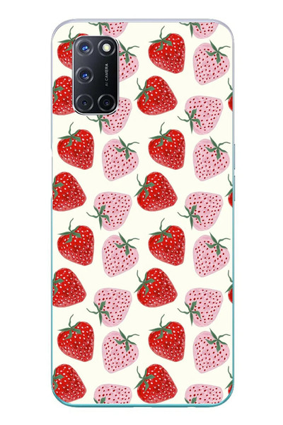 Le Balvo Oppo A52 Uyumlu Kırmızı Pembe Çilekler Baskılı Silikon Kılıf