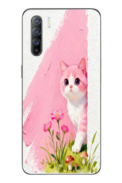 Le Balvo Oppo Reno 3 Uyumlu Pembeli Kedi Baskılı Silikon Kılıf