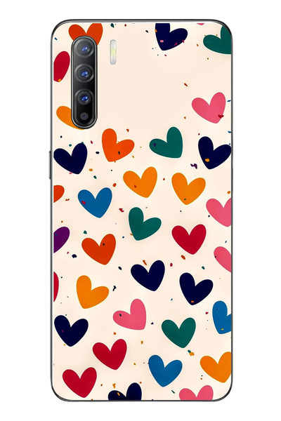 Le Balvo Oppo Reno 3 Uyumlu Renkli Kalpler Baskılı Silikon Kılıf