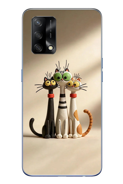 Le Balvo Oppo A74 Uyumlu Neşeli Kedi Ailesi Baskılı Silikon Kılıf