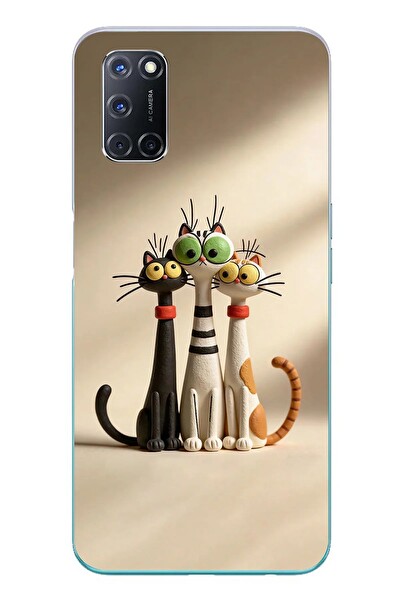 Le Balvo Oppo A52 Uyumlu Neşeli Kedi Ailesi Baskılı Silikon Kılıf