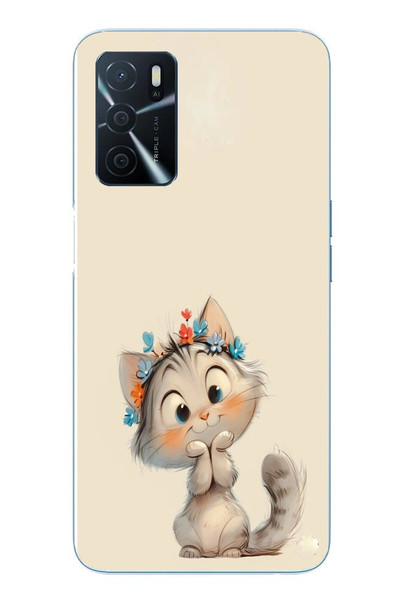 Le Balvo Oppo A16 Uyumlu Sevimli Çiçekli Kedi Baskılı Silikon Kılıf