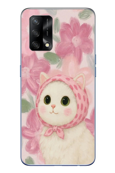 Le Balvo Oppo A74 Uyumlu Pembe Örtülü Kedi Baskılı Silikon Kılıf