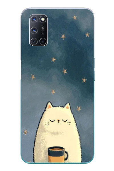 Le Balvo Oppo A52 Uyumlu Kahveci Beyaz Kedir Baskılı Silikon Kılıf