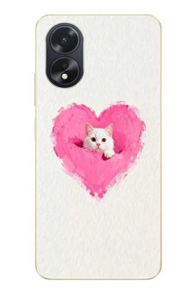 Le Balvo Oppo A38 Uyumlu Pembe Kalpli Kedi Baskılı Silikon Kılıf