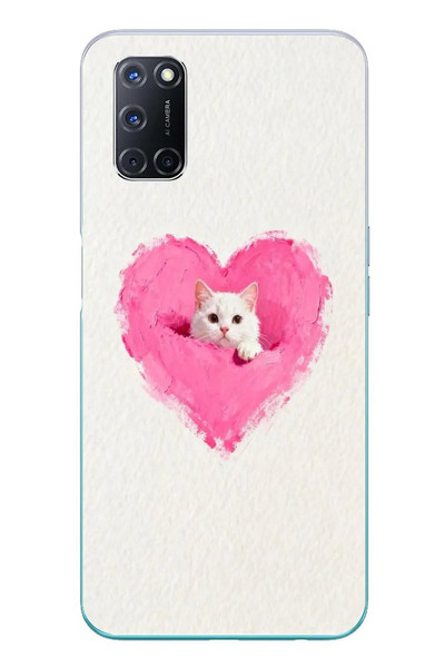 Le Balvo Oppo A52 Uyumlu Pembe Kalpli Kedi Baskılı Silikon Kılıf