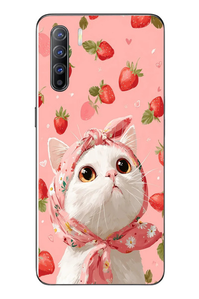 Le Balvo Oppo Reno 3 Uyumlu Örtülü Kedi Çilekli Baskılı Silikon Kılıf