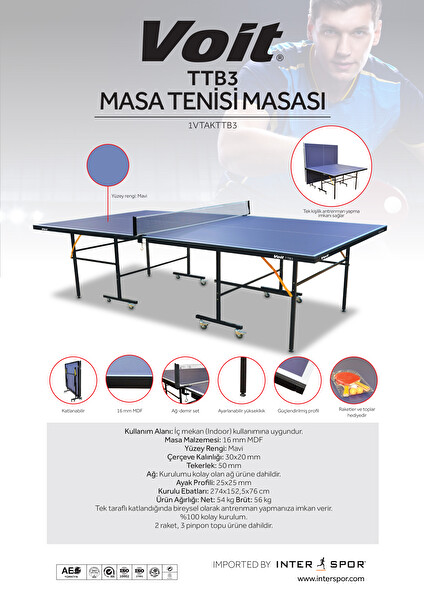 Voit 1VTAKTTB3 TTB3 Masa Tenisi Masası