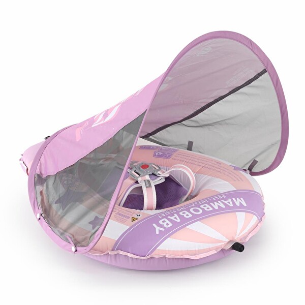 Mambobaby Balon Desen Pembe - Emniyetli Gölgelikli Ve Ayak Destekli Bebek Yüzme Simidi