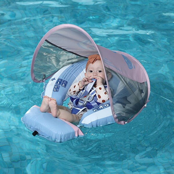 Mambobaby Hot Air Balloon Emniyetli Gölgelikli Ve Ayak Destekli Yüzme Simidi - Mavi