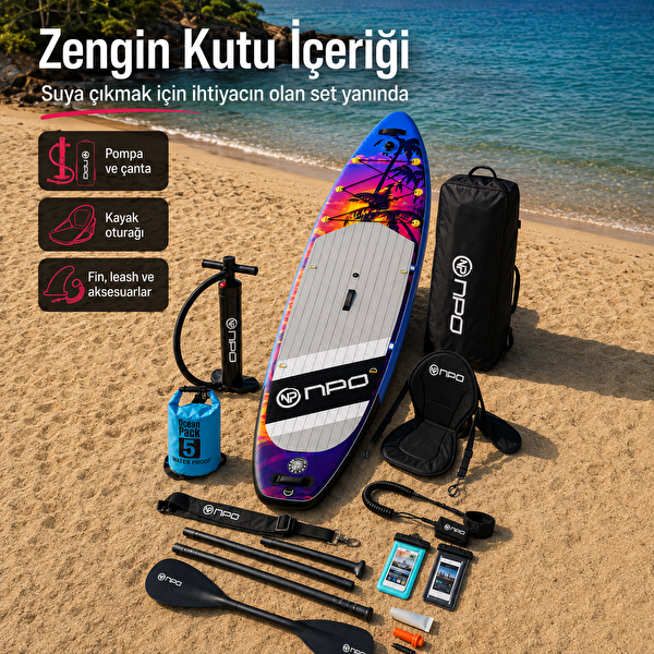 NPO Sunset Palm 305x81x15cm Şişme Premium SUP Paddle Board 148kg Kürek Pompa Çanta Koltuklu Full Set