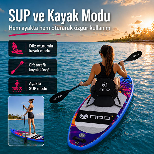 NPO Sunset Palm 305x81x15cm Şişme Premium SUP Paddle Board 148kg Kürek Pompa Çanta Koltuklu Full Set