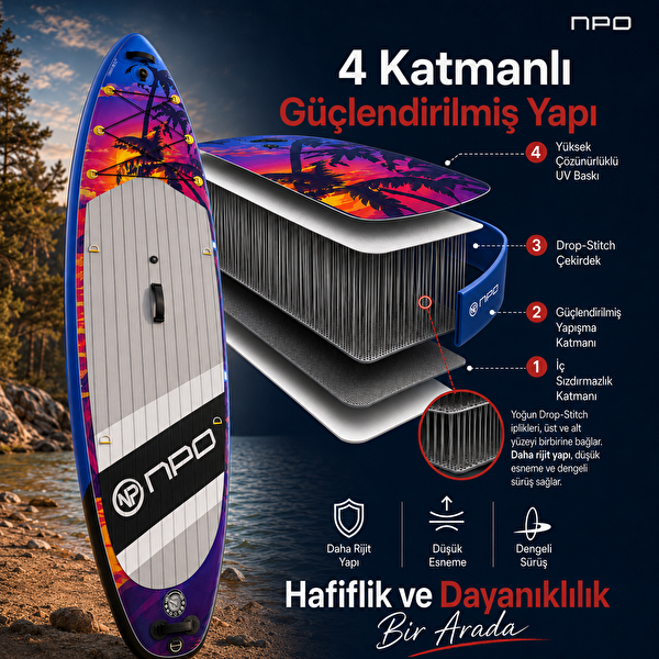 NPO Sunset Palm 305x81x15cm Şişme Premium SUP Paddle Board 148kg Kürek Pompa Çanta Koltuklu Full Set