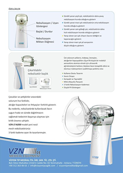 Vzn LTN200 Yeni Nesil Kademeli Ultra Sessiz Şarjlı Mesh Nebulizatör